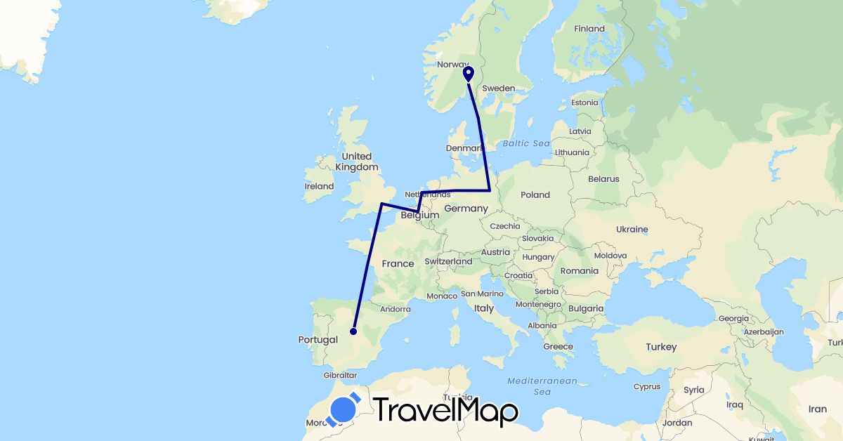 TravelMap itinerary: driving in Belgium, Germany, Denmark, Spain, United Kingdom, Netherlands, Norway, Sweden (Europe)